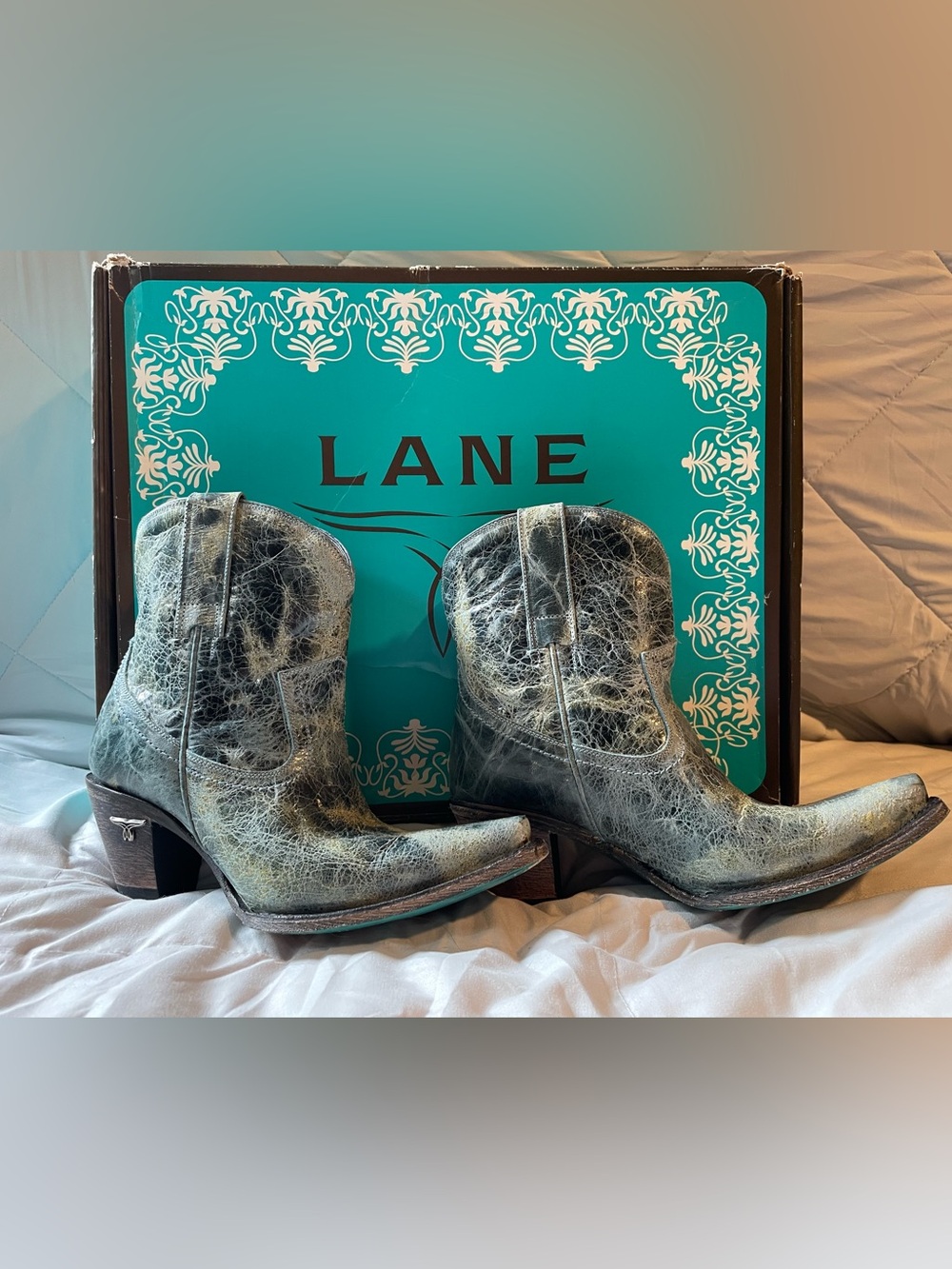 LANE Women's Teal Distressed Leather Western Ankle Boots